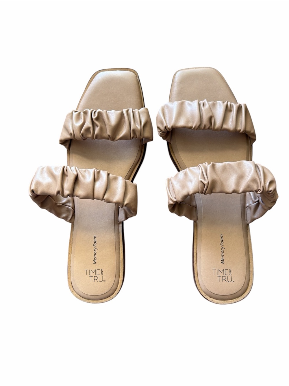 Time and Tru Tan Ruched Double-Strap Slide Sandals for Women